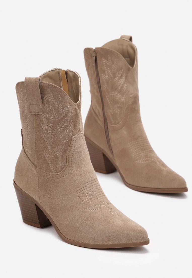 Cizme Cowboy bej deschis cu broderie pe toc conic Pomna