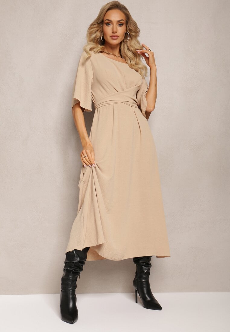 Rochie bej închis evazată maxi cu mânecă largă și elastic în talie Sador