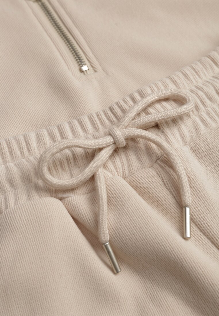 Beżowy Komplet Dresowy z Polaru Bluza z Krótkim Suwakiem i Spodnie Joggery Hypamena