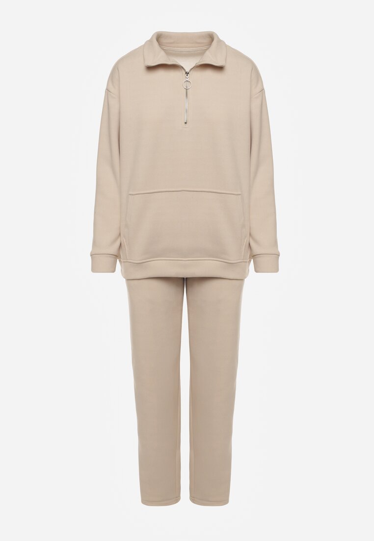 Set de trening bej din polar cu bluza cu fermoar scurt și pantaloni jogging Hypamena