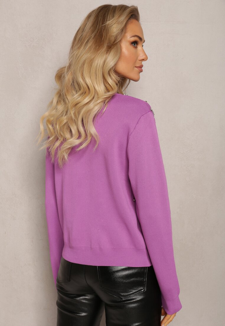 Pulover Cardigan Violet Din Viscoză Decorat Cu Pietre Strasuri Și Mărgele Metalice Diomira