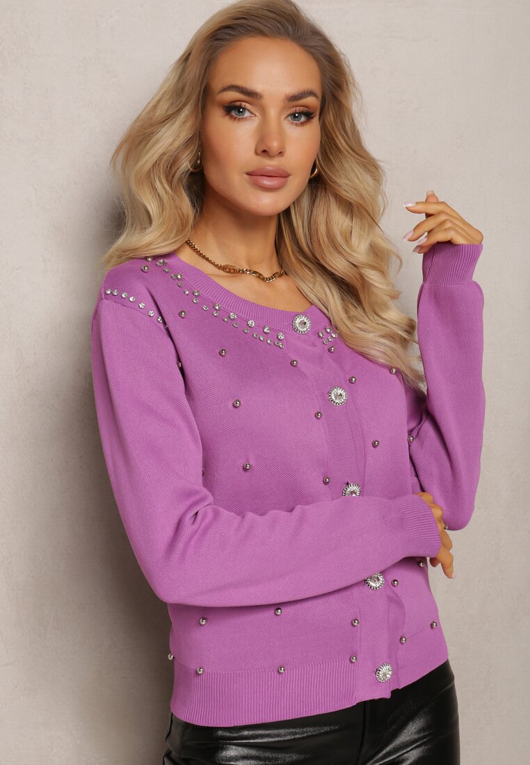 Pulover Cardigan Violet Din Viscoză Decorat Cu Pietre Strasuri Și Mărgele Metalice Diomira