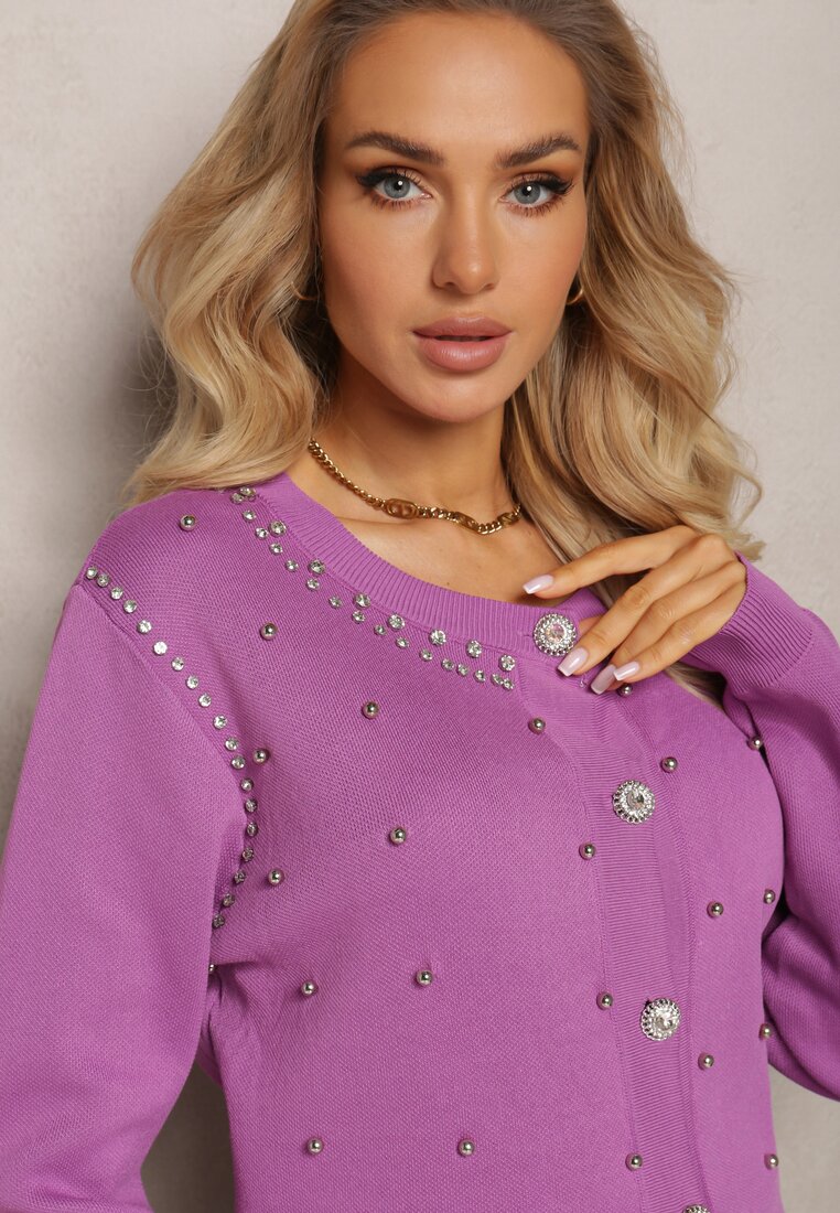 Pulover Cardigan Violet Din Viscoză Decorat Cu Pietre Strasuri Și Mărgele Metalice Diomira