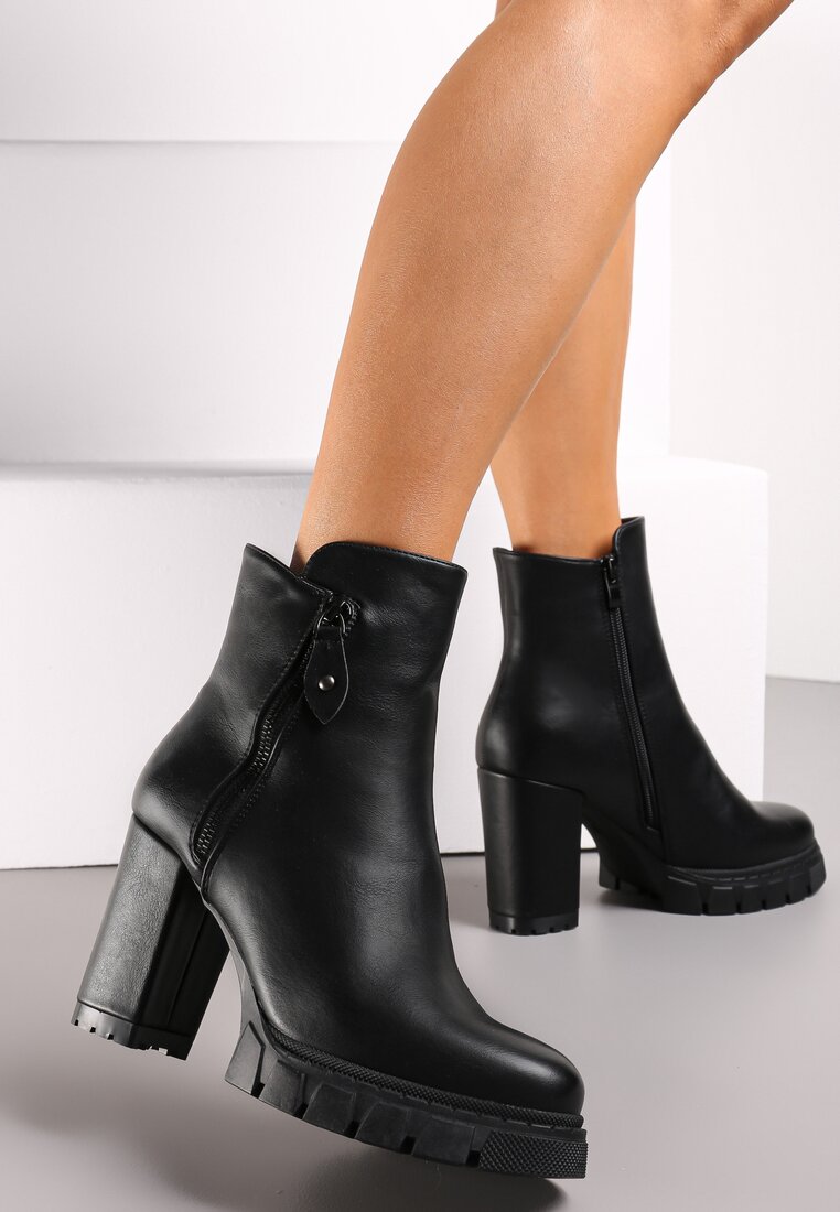 Botine negre cu fermoar decorativ pe toc gros cu platformă joasă Aseliope