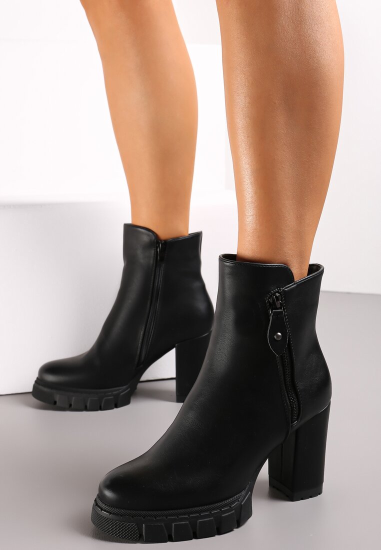 Botine negre cu fermoar decorativ pe toc gros cu platformă joasă Aseliope