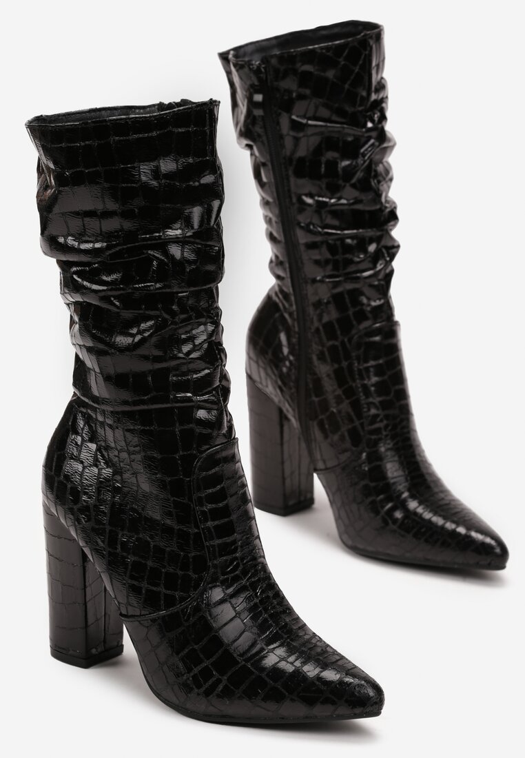 Botine negre cu toc Stiletto din imitație de piele de crocodil și carâmb plisat Stilon
