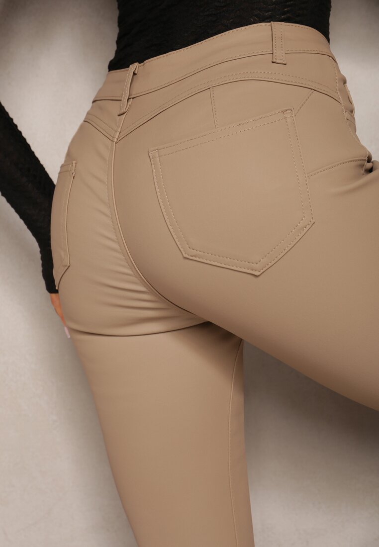 Beżowe Spodnie Skinny z Ekoskóry Operwena