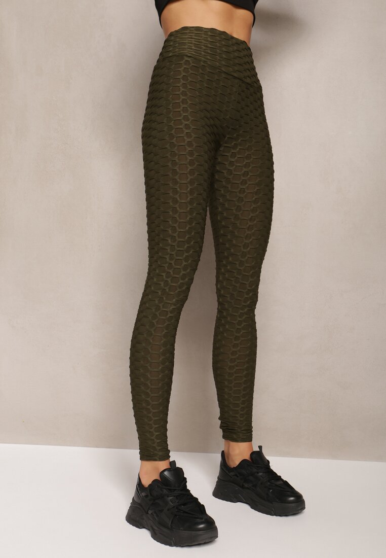 Ciemnozielone Legginsy z Tłoczonym Geometrycznym Wzorem z Efektem Push Up Mainettes