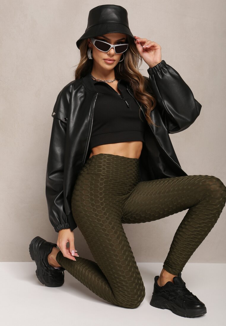 Ciemnozielone Legginsy z Tłoczonym Geometrycznym Wzorem z Efektem Push Up Mainettes