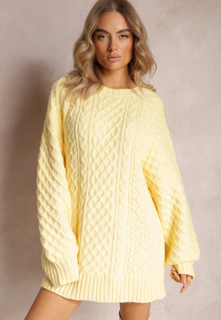 Żółty Długi Sweter Ozdobiony Drobnym Splotem Killoe