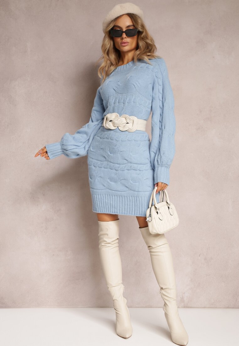 Bleumarin Pulover Lung Oversize Tricotat Aran Somet