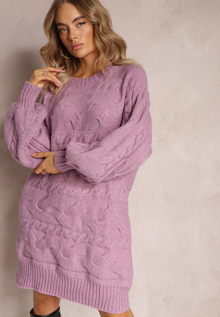 Pulover lung mov închis oversize cu model reliefat All Over Somet