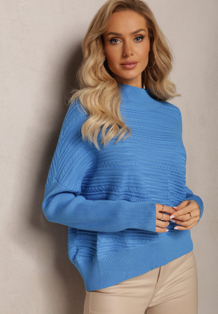 Niebieski Asymetryczny Sweter z Wełną Ozdobiony Tłoczeniem Aurorrsa