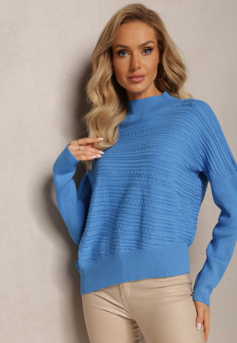 Niebieski Asymetryczny Sweter z Wełną Ozdobiony Tłoczeniem Aurorrsa