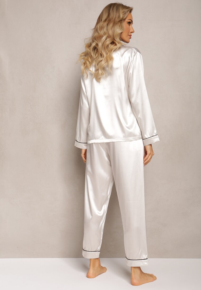 Biały Satynowy Komplet Piżamowy 2-częściowy z Koszulą i Spodniami Simma