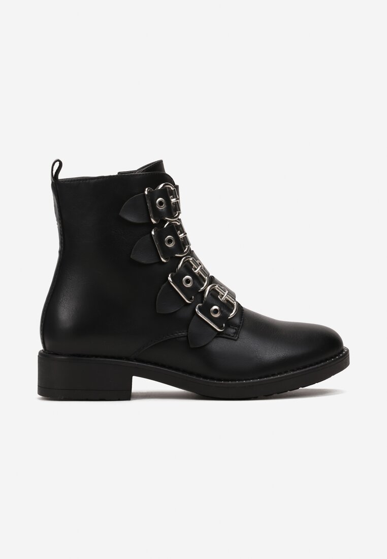 Botine negre cu toc plat și catarame decorative Trivessa