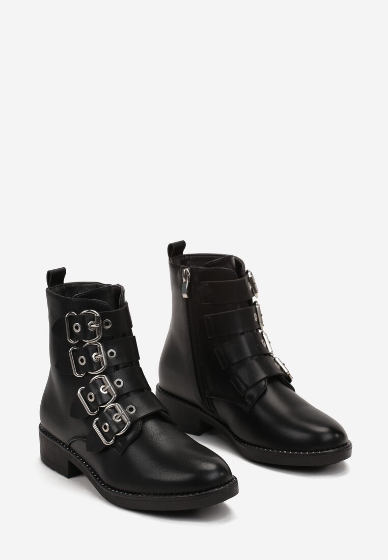 Botine negre cu toc plat și catarame decorative Trivessa
