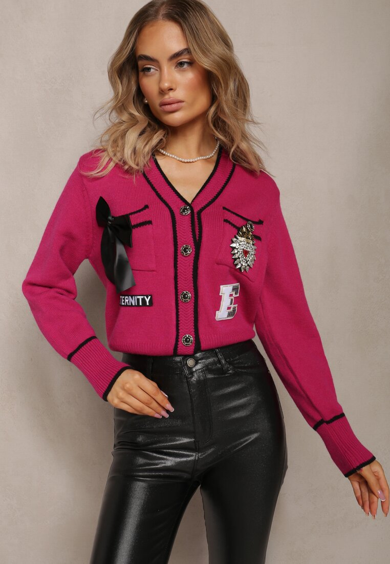 Cardigan Fuchsia din Viscoză cu Nasturi Patch-uri și Paiete Velafia