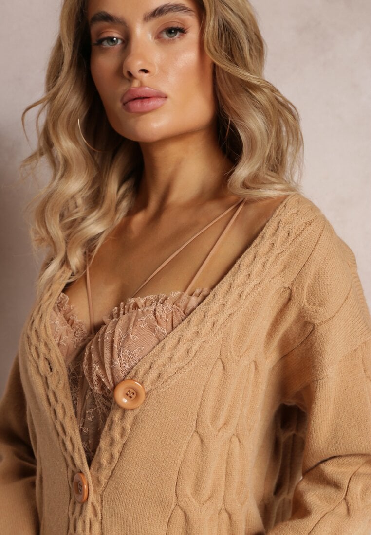 Bleumarin Cardigan Tricot Imprimeuri Lungime Midi cu Buzunare Luittis