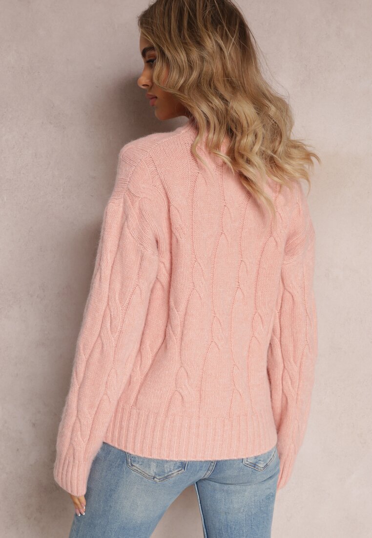 Różowy Klasyczny Sweter w Ozdobny Splot Olgame