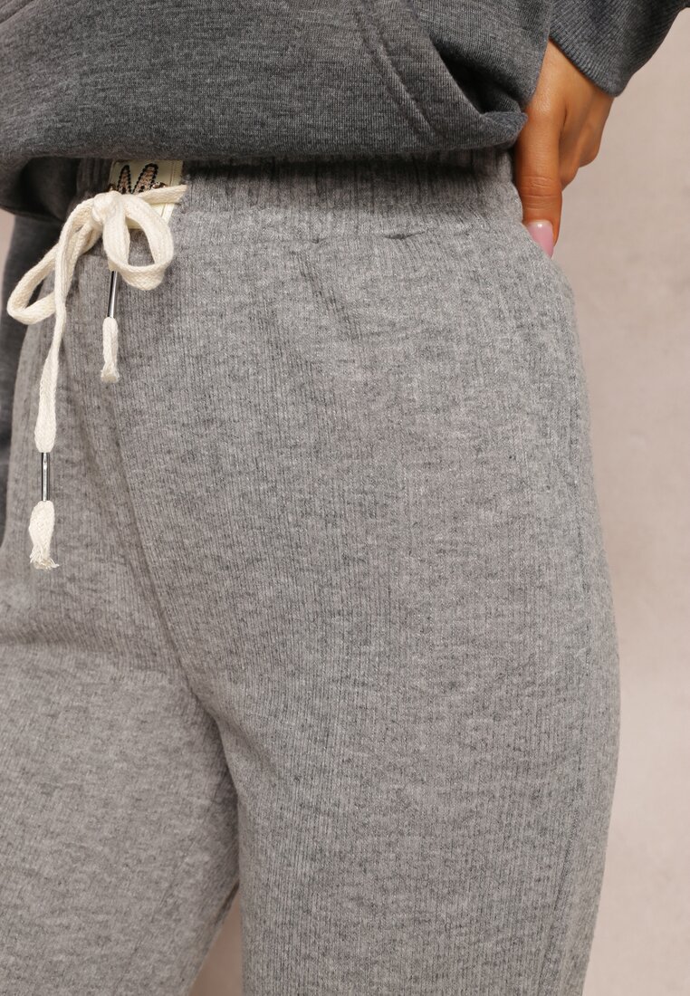 Pantaloni gri High Waist din lână cu elastic și șnur în talie Ishildame