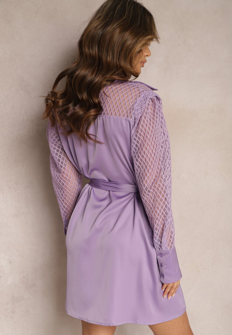 Fioletowa Mini Sukienka o Koszulowym Fasonie z Materiałowym Paskiem i Siateczką Idanes