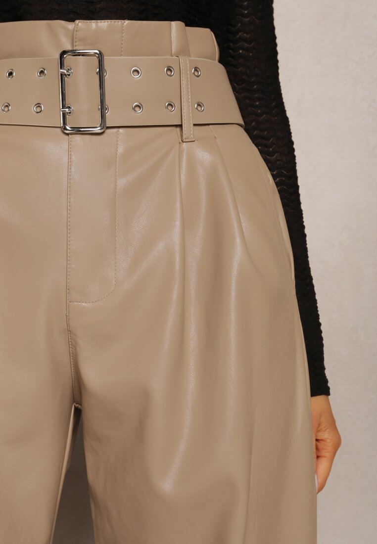 Beżowe Szerokie Spodnie High Waist z Ekoskóry i Paskiem Phyphne