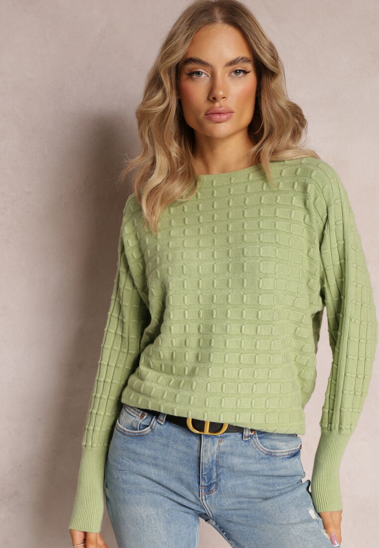 Zielony Dzianinowy Sweter z Rękawami typu Nietoperz Cascapia