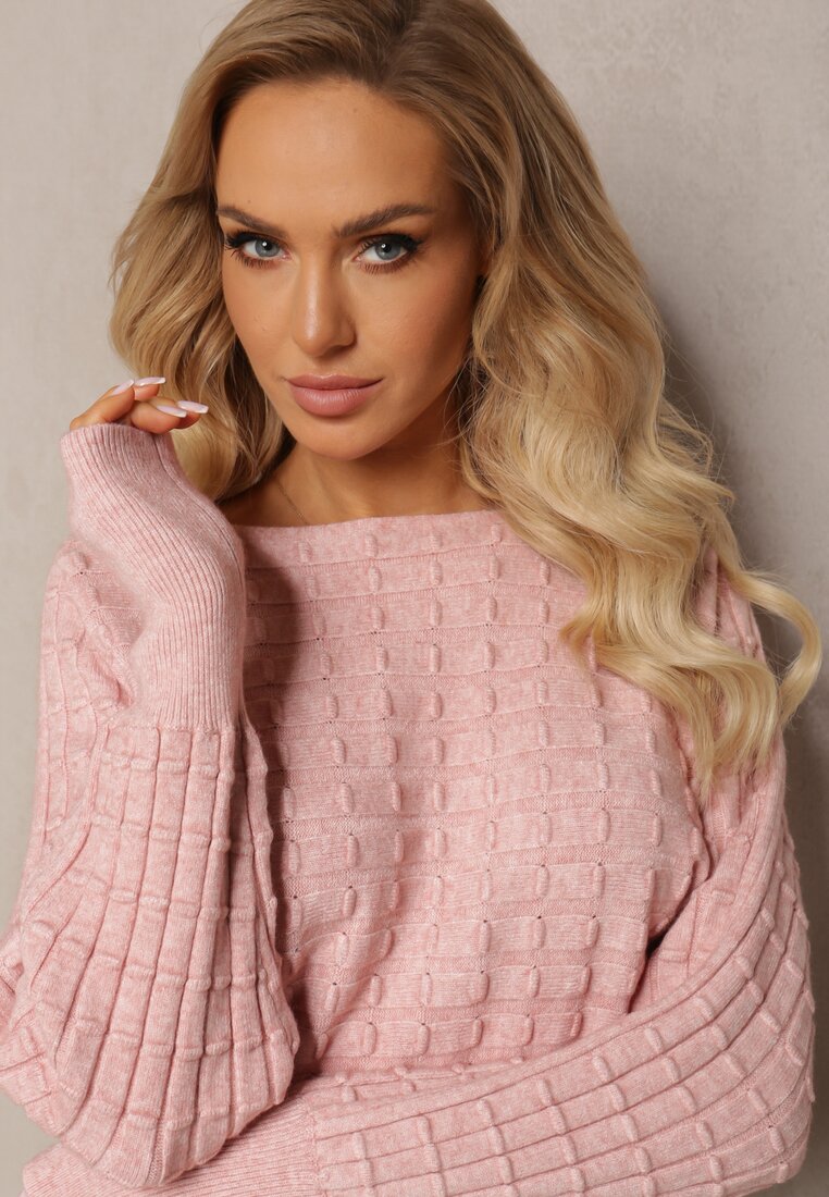 Jasnoróżowy Dzianinowy Sweter z Rękawami typu Nietoperz Cascapia