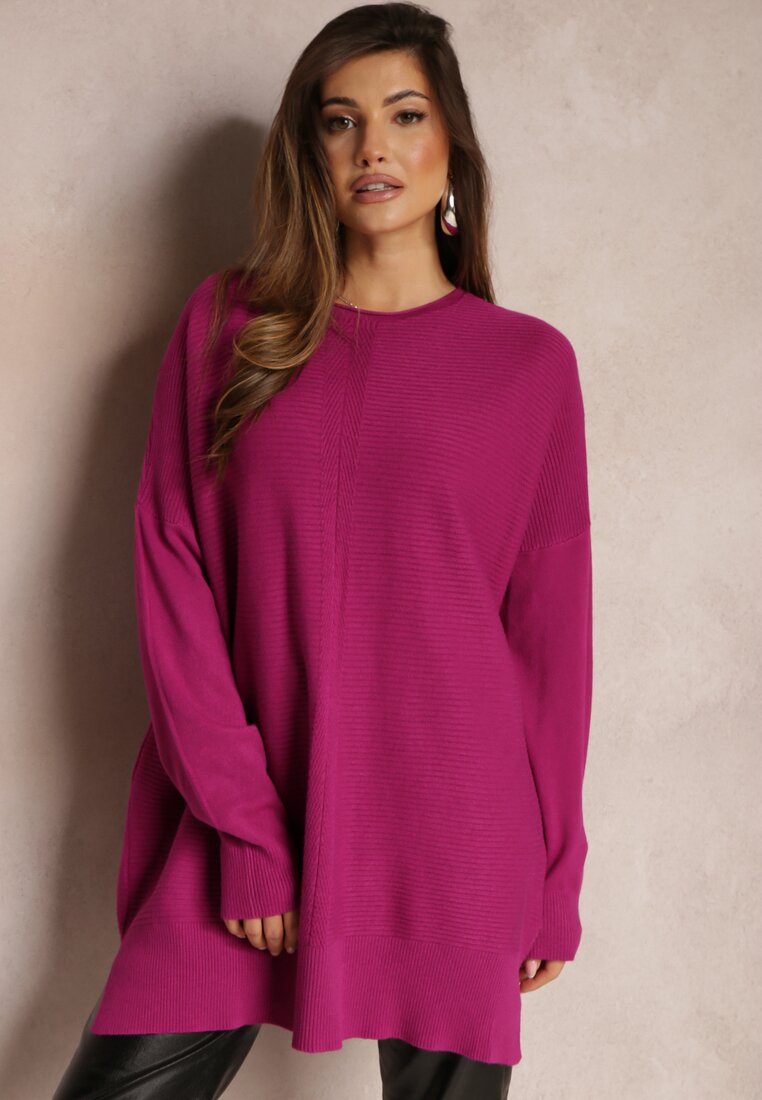 Granatowy Dzianinowy Sweter z Rękawami typu Nietoperz Cascapia