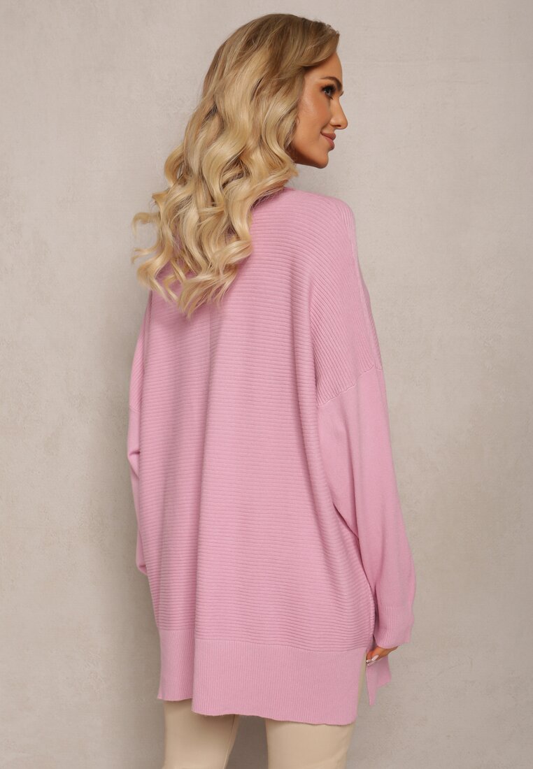 Różowy Oversizowy Sweter o Przedłużonym Fasonie z Rękawami Typu Nietoperz Porunxa