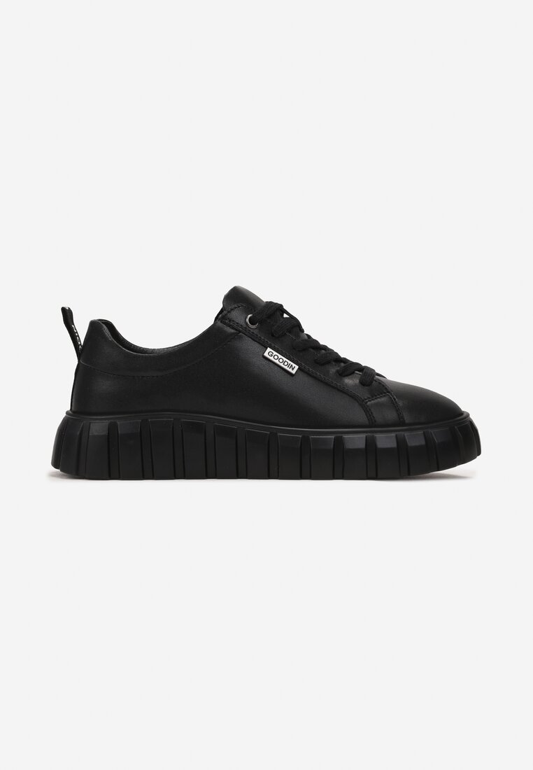 Czarne Sneakersy ze Skóry Naturalnej na Tłoczonej Platformie Pelinea