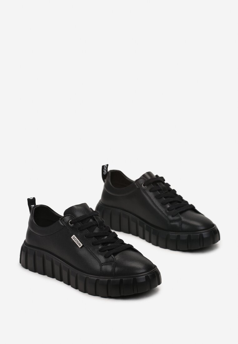 Czarne Sneakersy ze Skóry Naturalnej na Tłoczonej Platformie Pelinea