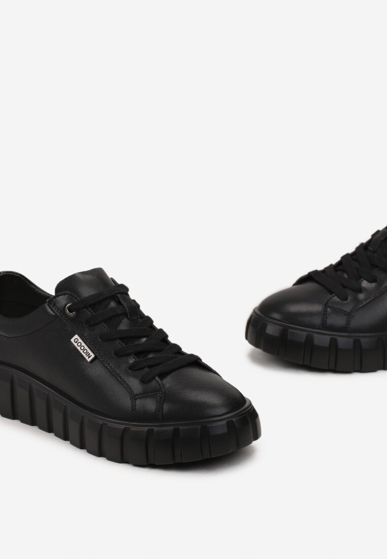 Czarne Sneakersy ze Skóry Naturalnej na Tłoczonej Platformie Pelinea