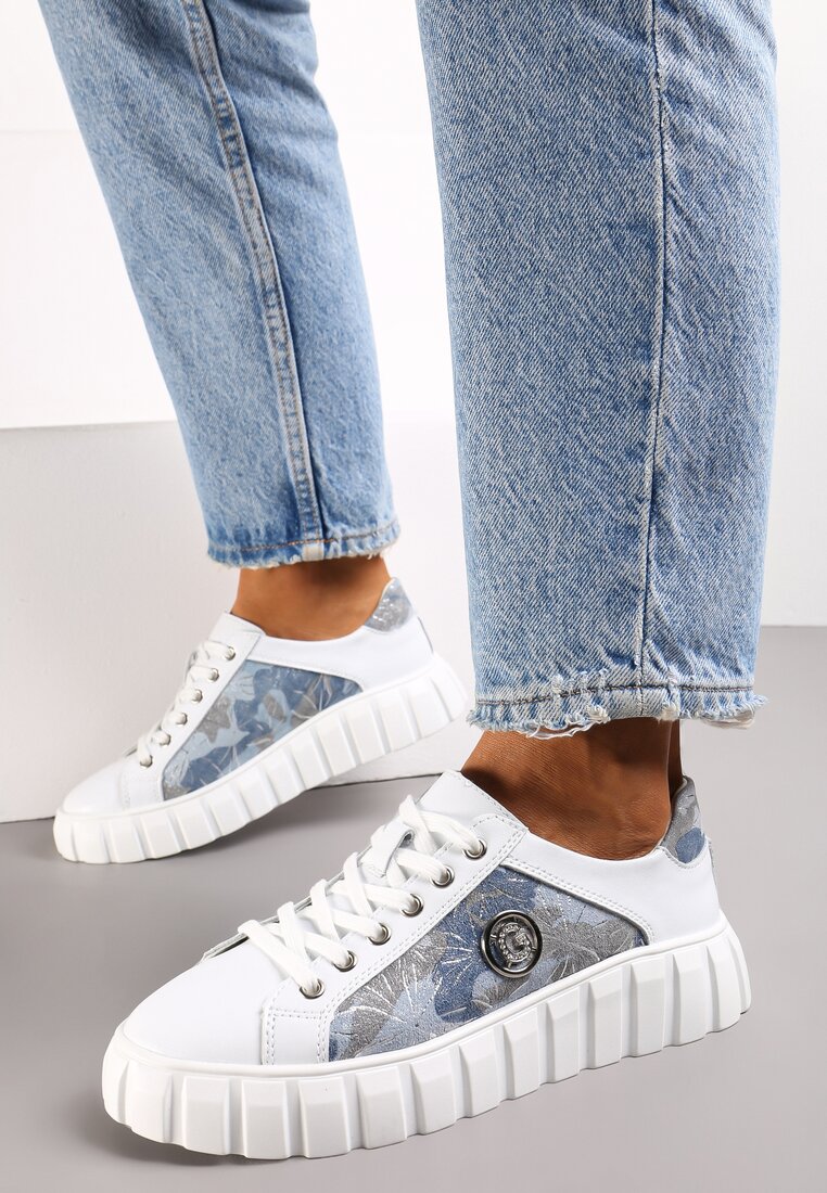 Biało-Niebieskie Sznurowane Sneakersy ze Skóry Breana