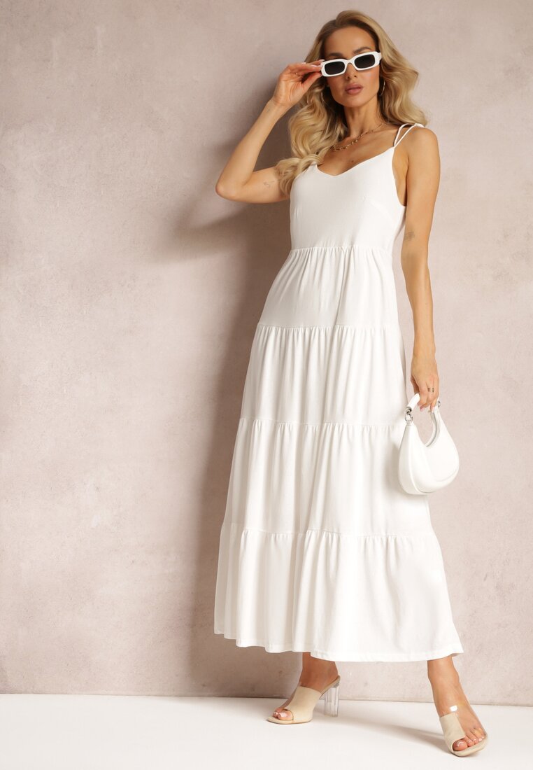 Biała Bawełniana Sukienka Maxi z Wiązanymi Ramiączkami i Rozkloszowaną Falbaną Mariones