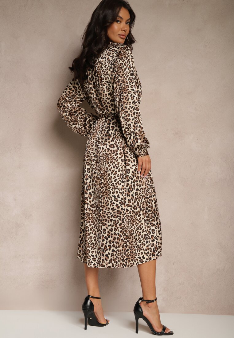 Rochie Cămașă Maro cu Imprimeu Animal Print cu Cordon în Talie Ramalli