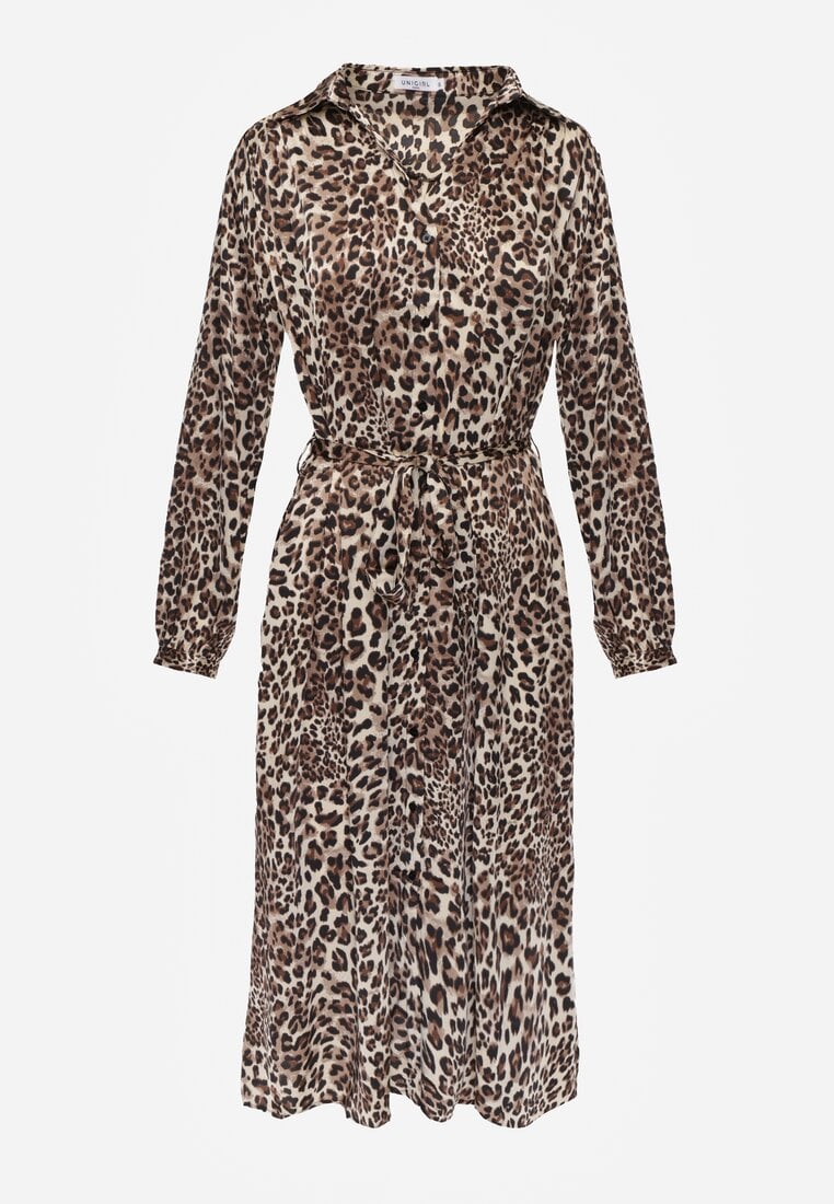 Rochie Cămașă Maro cu Imprimeu Animal Print cu Cordon în Talie Ramalli
