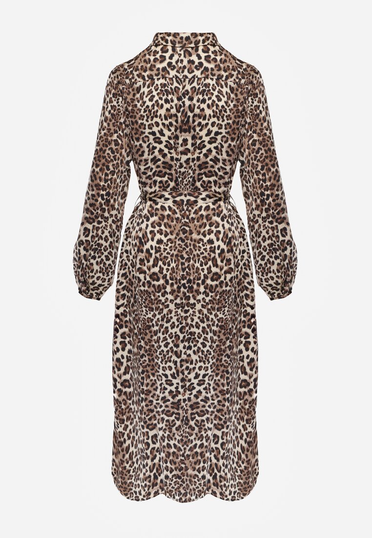 Rochie Cămașă Maro cu Imprimeu Animal Print cu Cordon în Talie Ramalli