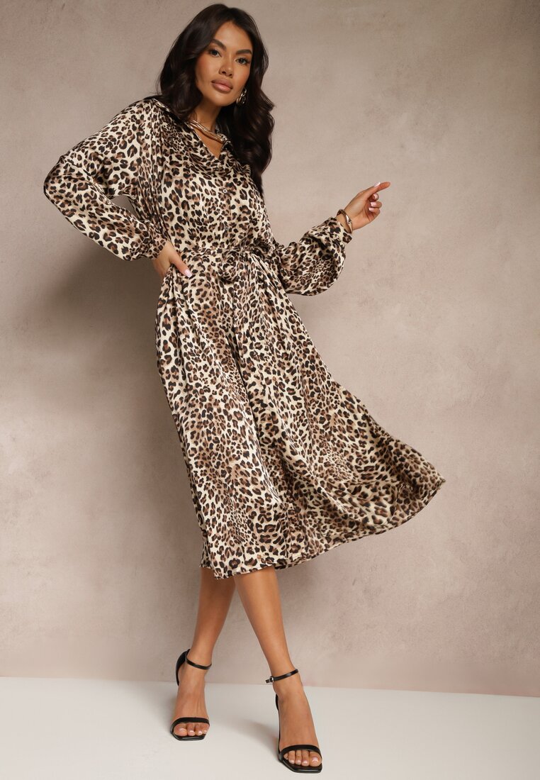Rochie Cămașă Maro cu Imprimeu Animal Print cu Cordon în Talie Ramalli