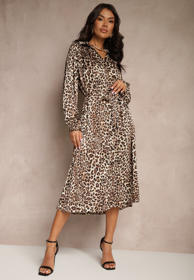 Rochie Cămașă Maro cu Imprimeu Animal Print cu Cordon în Talie Ramalli