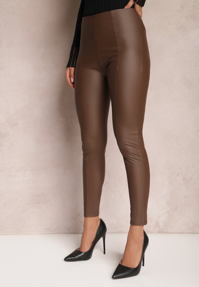 Brązowe Legginsy High Waist z Imitacji Skóry z Gumką w Pasie Boggera