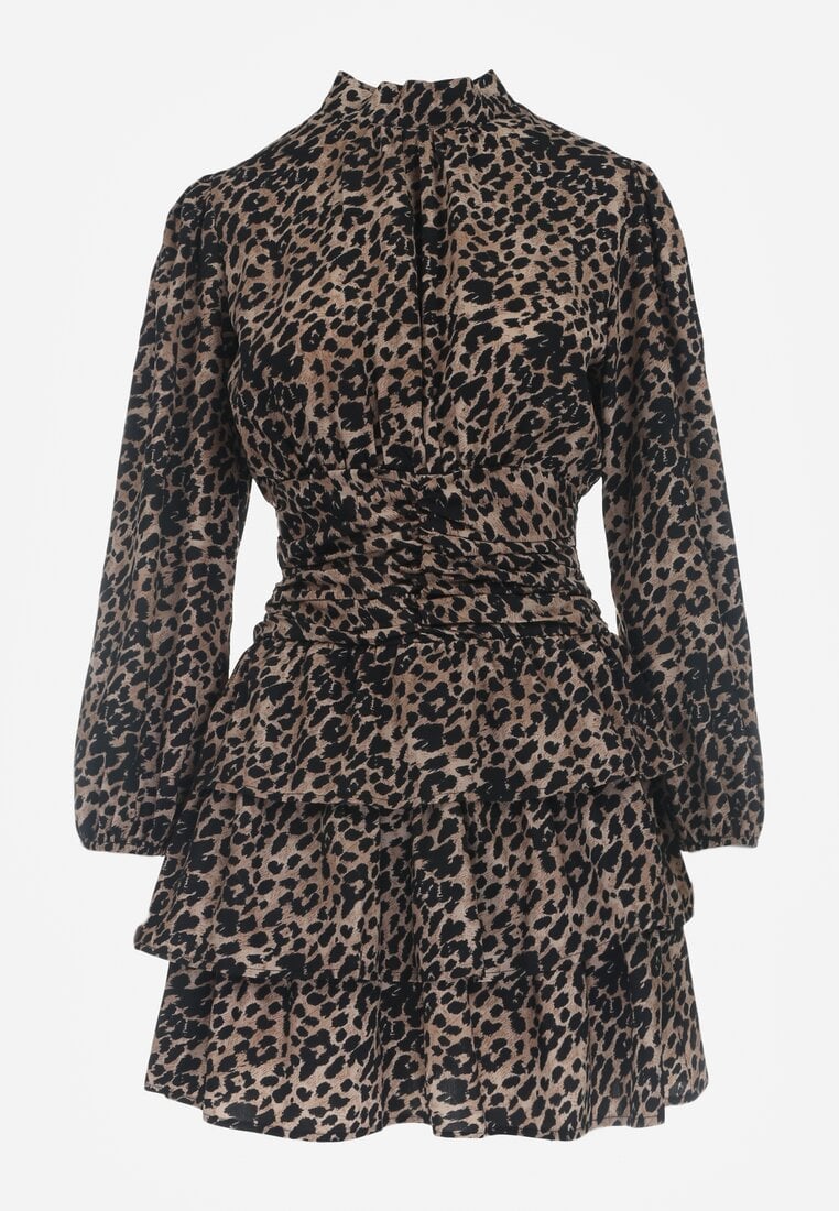 Rochie mini maro cu croi în cloș cu imprimeu leopard și volane Gerttera