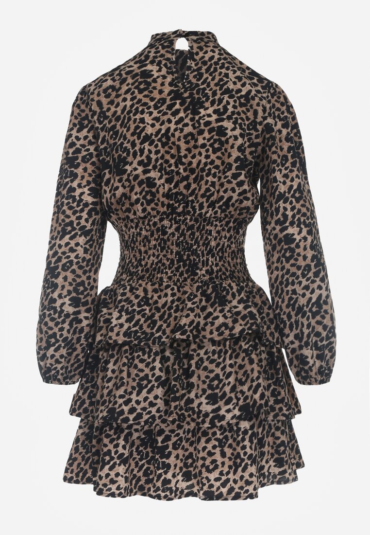 Rochie mini maro cu croi în cloș cu imprimeu leopard și volane Gerttera