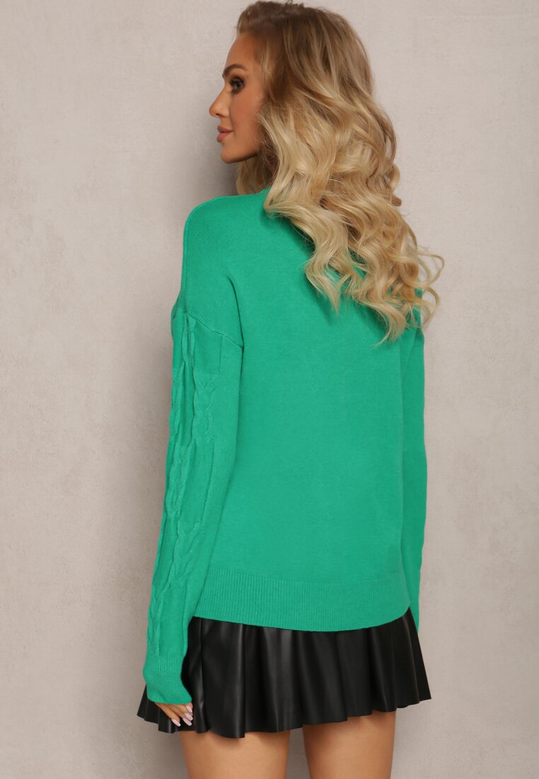 Zielony Warkoczowy Sweter z Długim Rękawem i Ściągaczami Kaviss