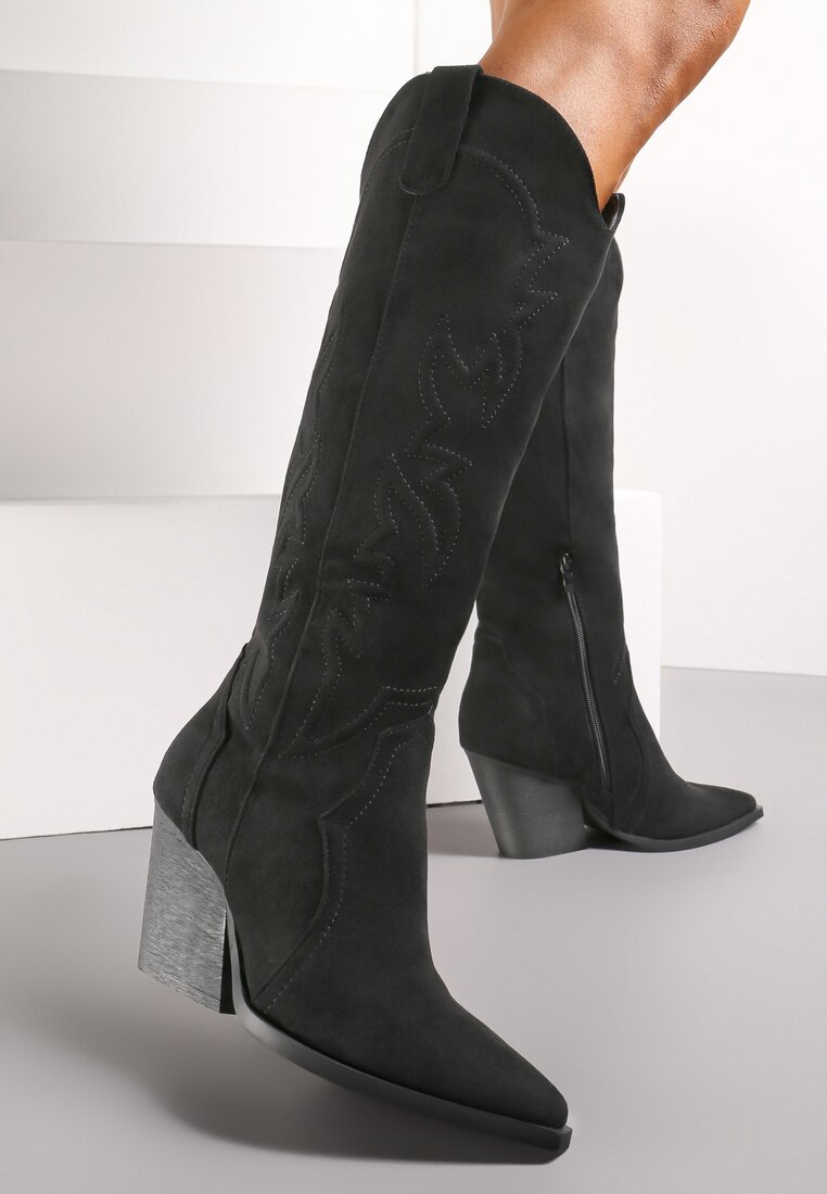 Czarne Kozaki Kowbojki na Stożku z Noskiem w Szpic Ahats