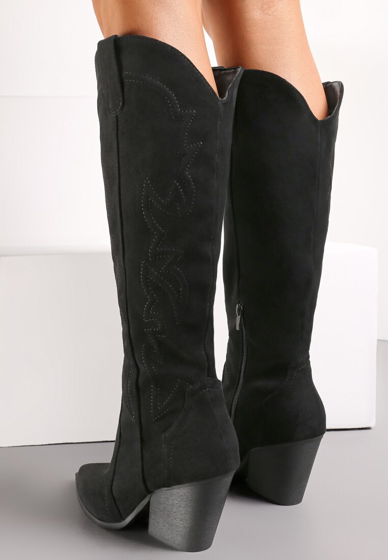 Czarne Kozaki Kowbojki na Stożku z Noskiem w Szpic Ahats