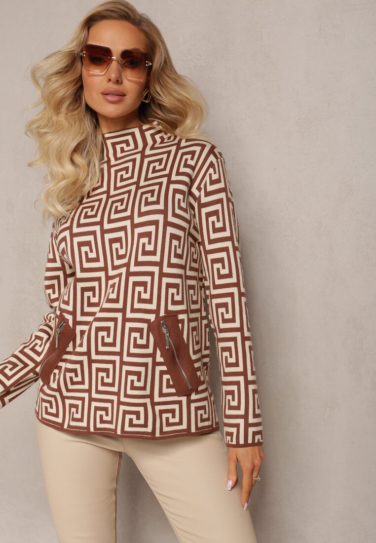 Pulover Maro Cu Guler Înalt Tricotat Model Geometric și Fermoare Adiționale Vulla