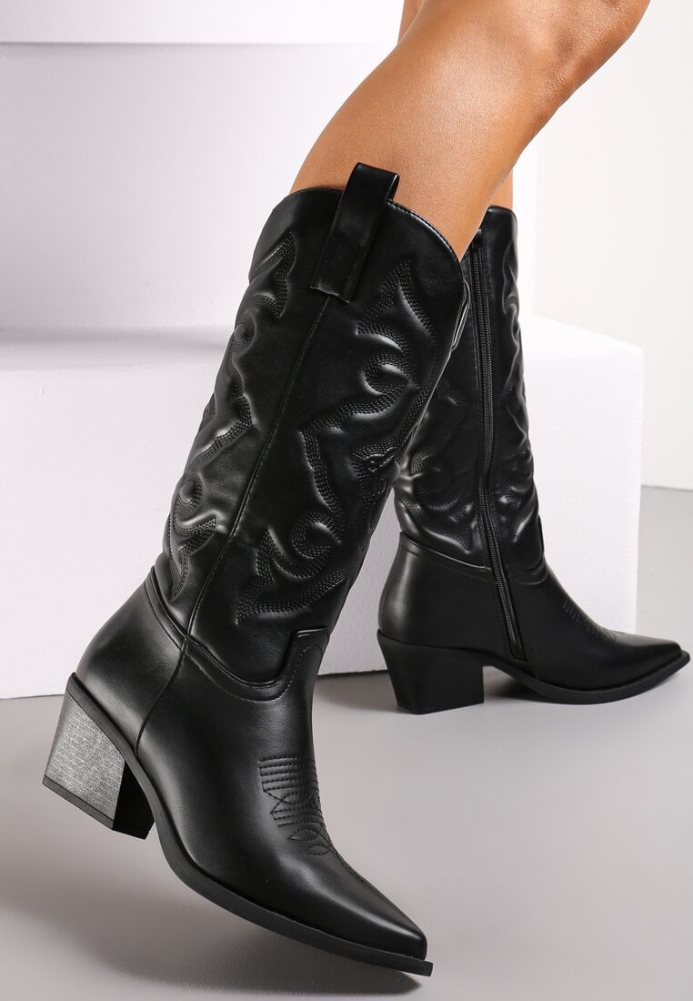 Czarne Kozaki Kowbojki na Stożku z Przeszyciami Ganavou