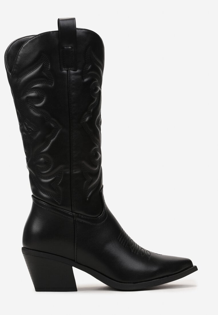 Czarne Kozaki Kowbojki na Stożku z Przeszyciami Ganavou